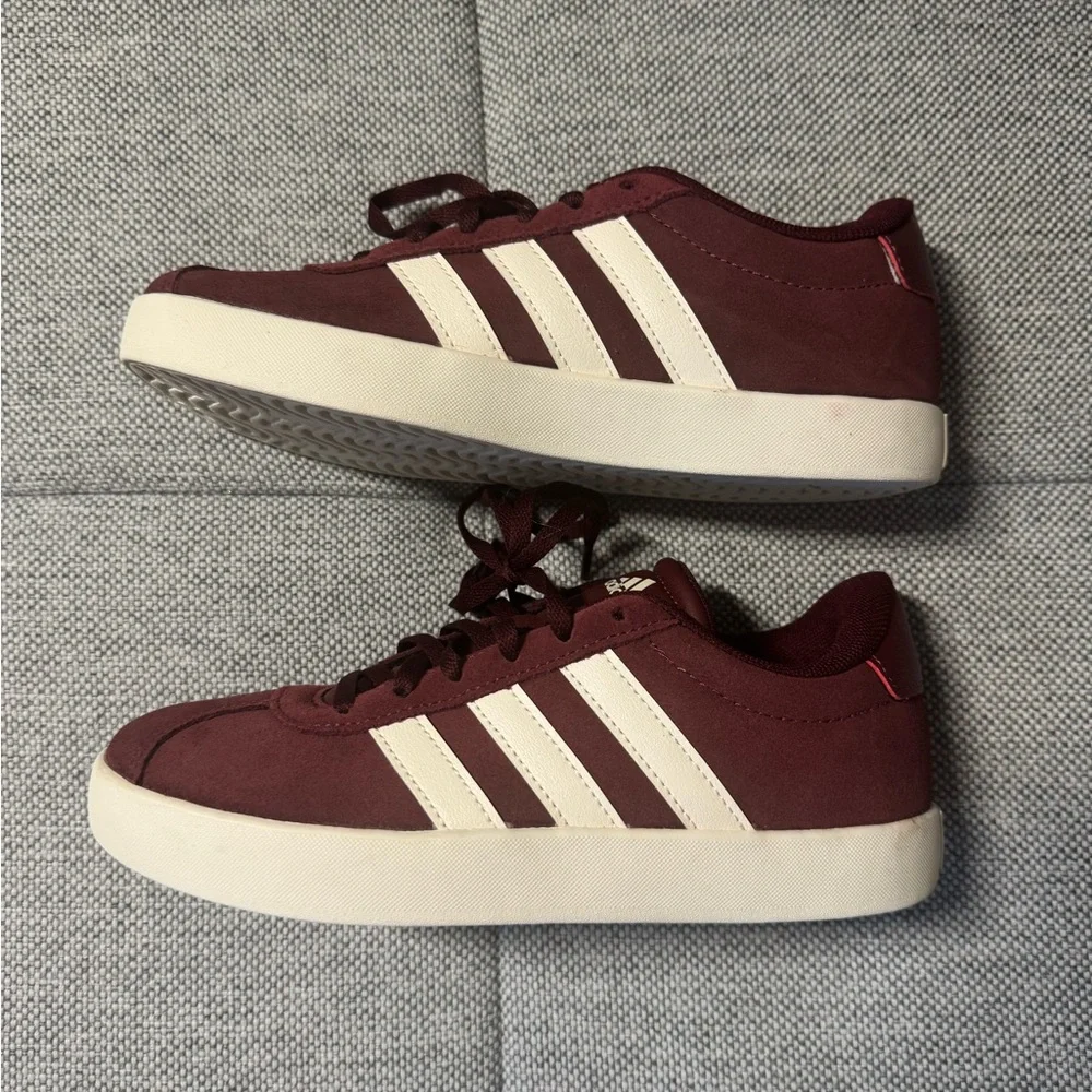 adidas kids size 3 Burgundy Suede Sneakers with White Stripes - Picture 3 of 5